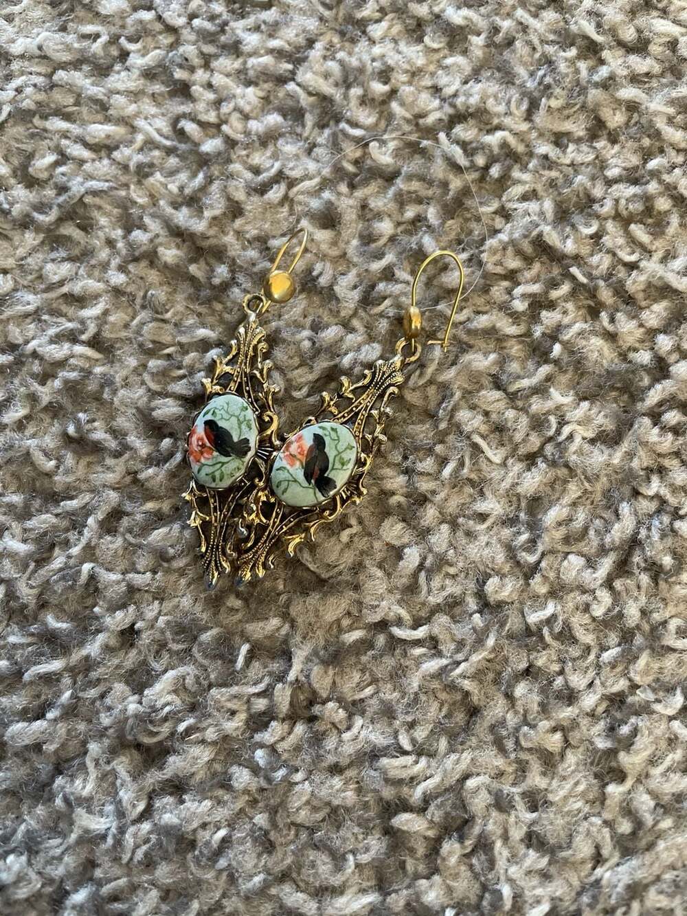 Vintage Gold-Tone Filigree Dangle Earrings with Painted Porcelain Bird Inlay